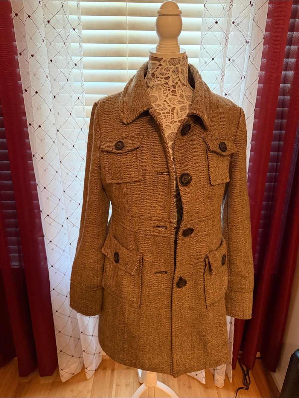 Vintage Tulle Tweed Pea Coat in Brown